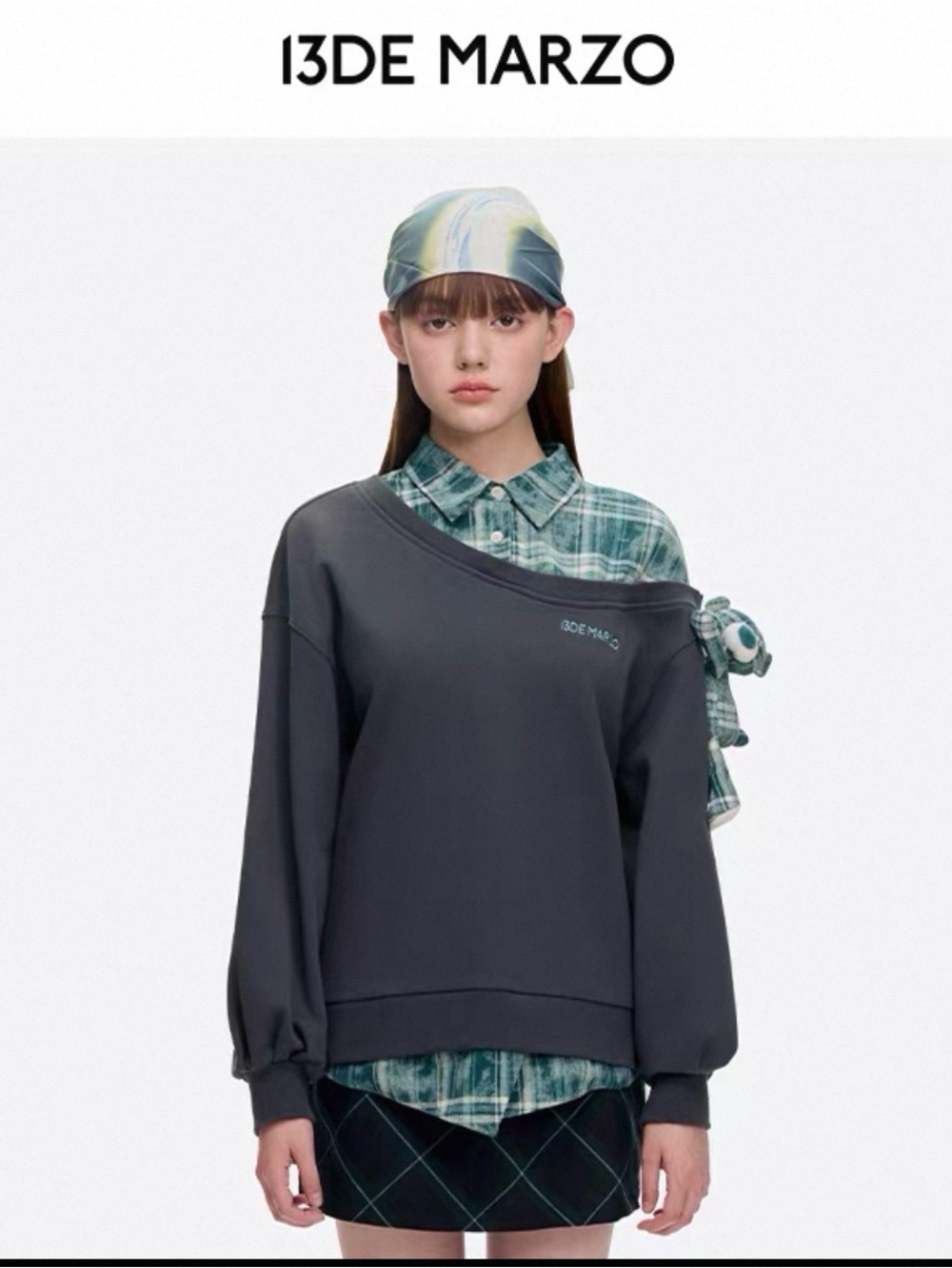 13DE MARZO Splicing Shirt Asymmetrical Shoulder Sweater
